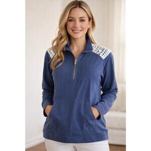 Lilly Pulitzer Womens XL Half Zip Pullover Lace Shoulder Sweatshirt Kangaroo Poc